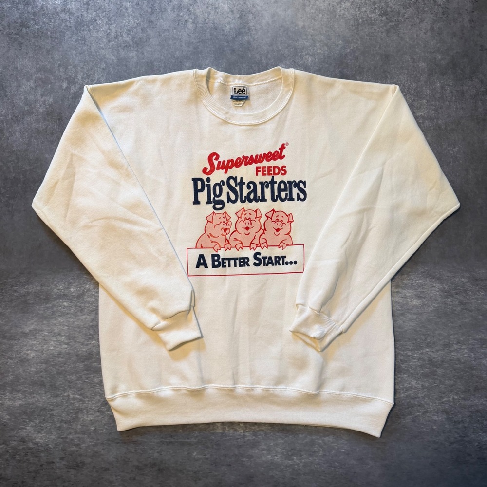 VTG 90s Lee Heavyweight Sweatshirt XL Cream Supersweet Feeds Pig Starters USA
